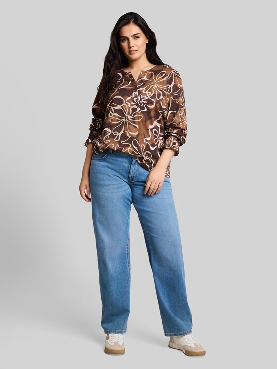 Plus Size - blouse-style top with floral print - brown big flower design