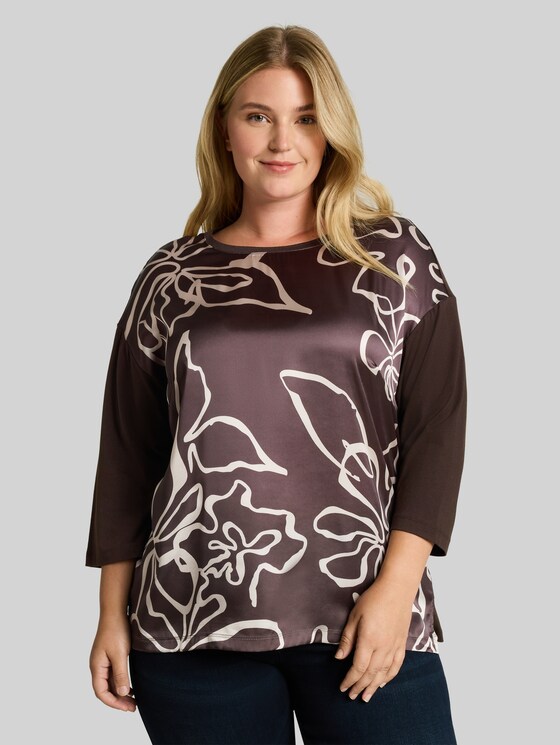 Plus Size – Long-sleeved top with floral print - java dark brown