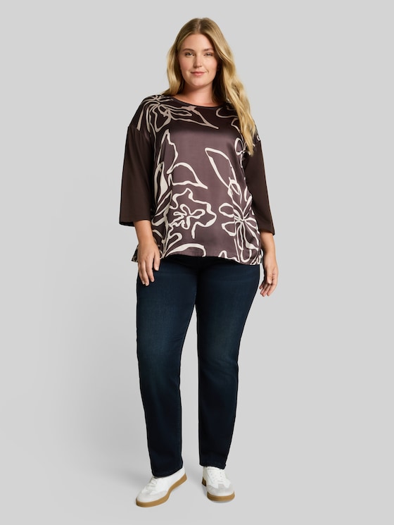 Plus Size – Long-sleeved top with floral print - java dark brown