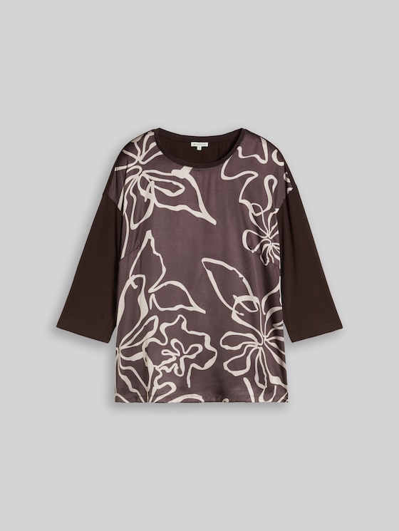Plus Size – Long-sleeved top with floral print - java dark brown