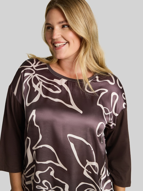 Plus Size – Long-sleeved top with floral print - java dark brown