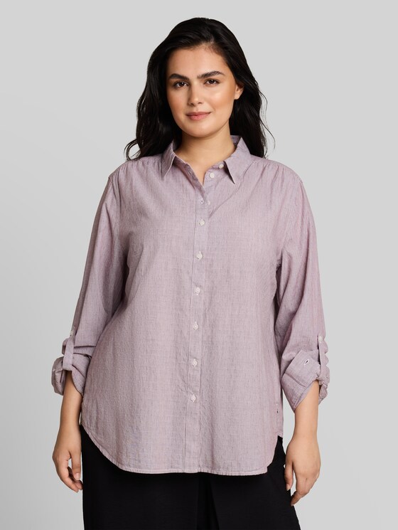 Plus Size – Shirt-style blouse with turn-up feature - preppy plum dobby