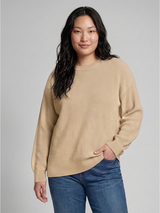 Plus Size - oversized knitted jumper with a round neckline - gravel beige melange