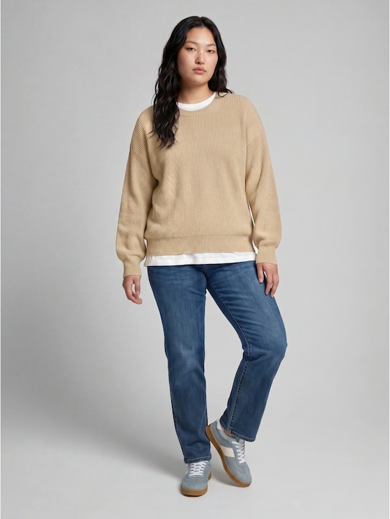 Plus Size - oversized knitted jumper with a round neckline - gravel beige melange