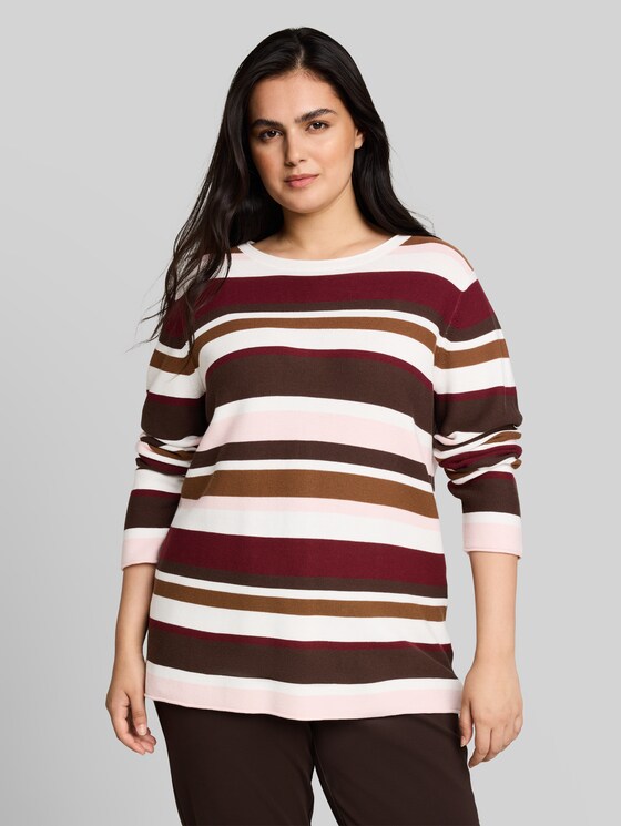 Plus Size – Cotton knitted jumper - camel brown red stripe