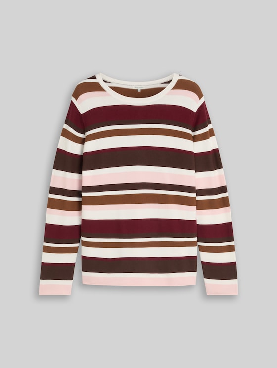 Plus Size – Cotton knitted jumper - camel brown red stripe