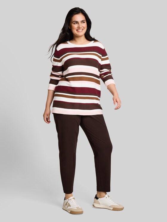 Plus Size – Cotton knitted jumper - camel brown red stripe