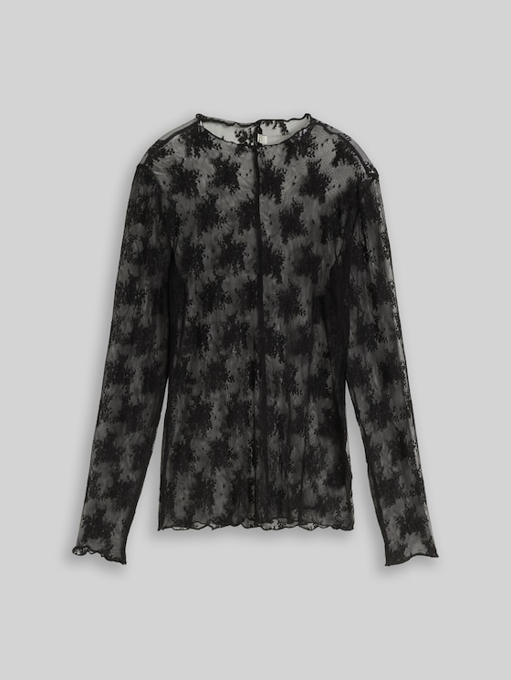 Slim-fit long-sleeved top in lace - deep black