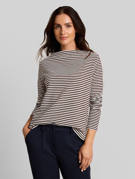 Loose-fit long-sleeved T-shirt with a striped pattern - brown white stripe