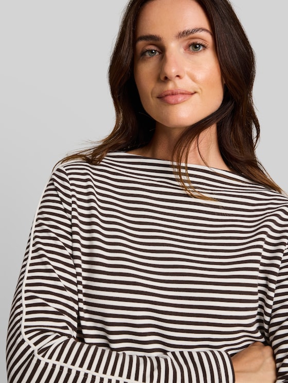 Loose-fit long-sleeved T-shirt with a striped pattern - brown white stripe