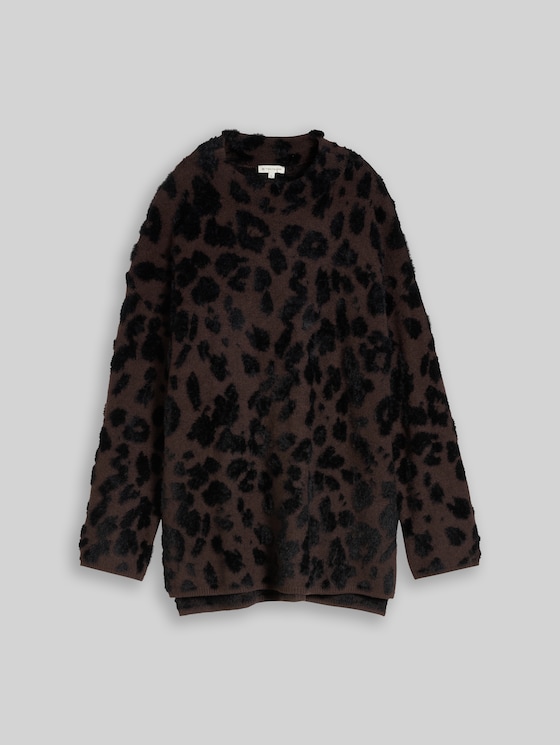 Oversized knitted jumper with leopard print - java brown big leo design