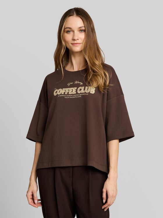 Boxy-fit T-shirt with print - cool dark brown