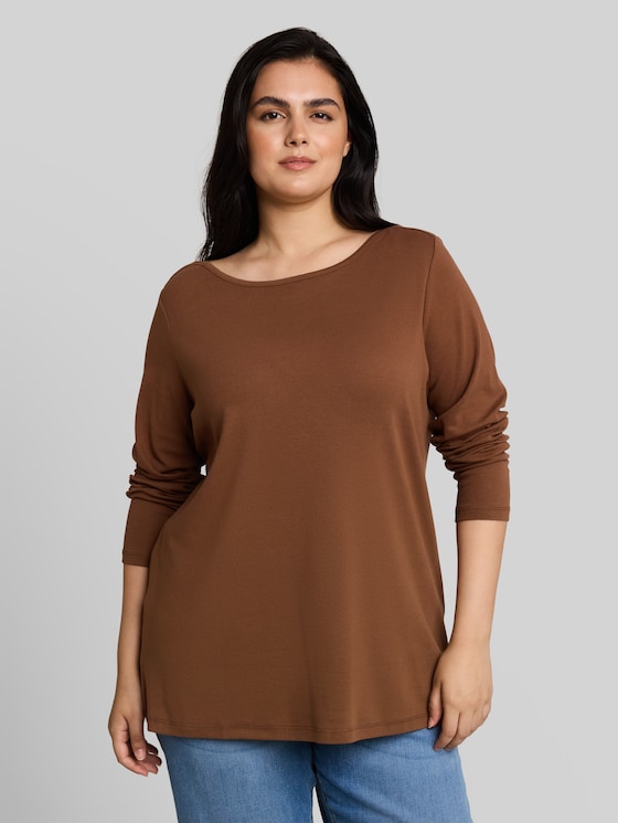 Plus Size – Slim-fit long-sleeved top with boat neck - camel