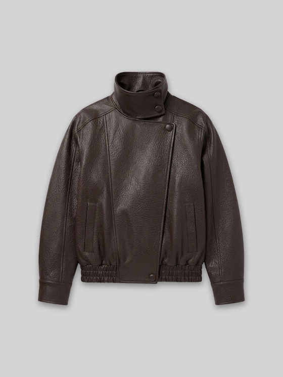 Loose Fit Faux Leather Jacket with Stand-Up Collar - brown leather structure