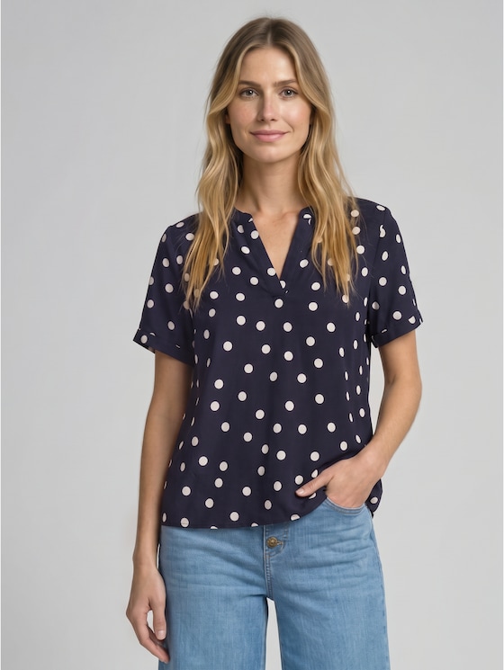 Loose-fit blouse with V-neck - navy big dot design