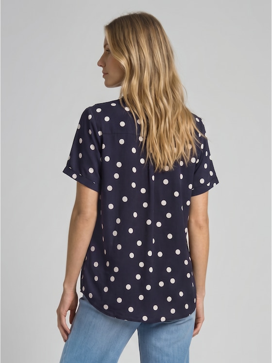 Loose-fit blouse with V-neck - navy big dot design
