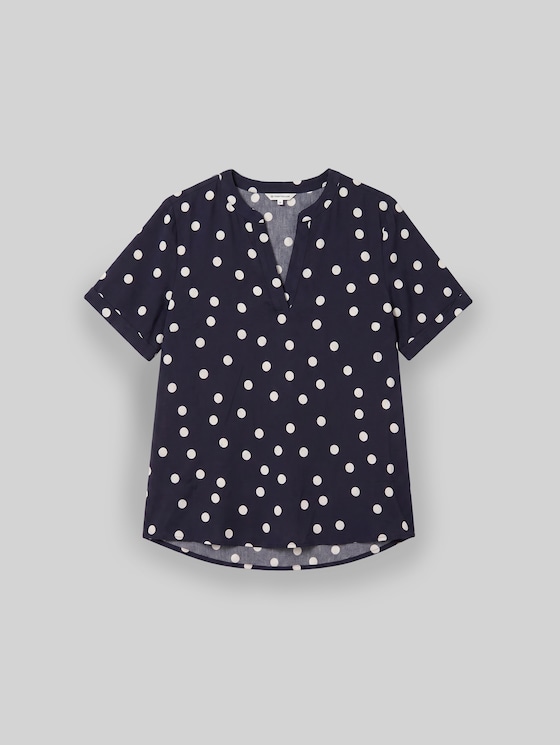 Loose-fit blouse with V-neck - navy big dot design