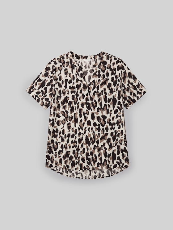 Loose-fit blouse with V-neck - brown beige leo print
