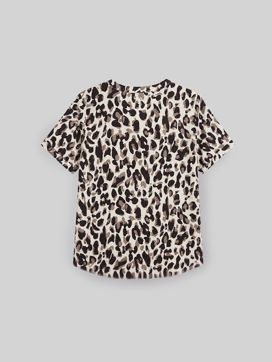 Loose-fit blouse with V-neck - brown beige leo print