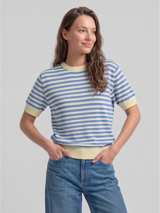 Striped knitted jumper - mid blue white stripe