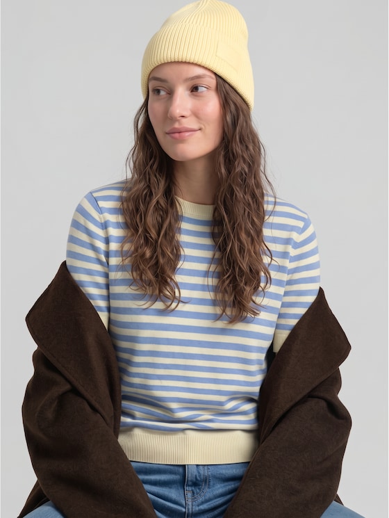 Striped knitted jumper - mid blue white stripe