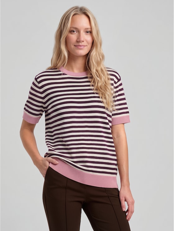 Striped knitted jumper - dark plum white stripe