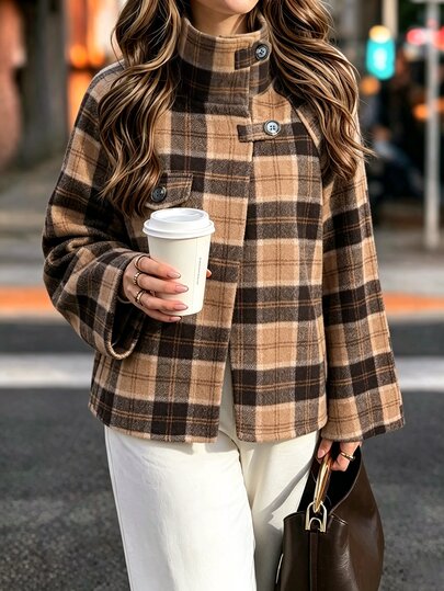 SHEIN Vintage Brown Plaid Stand Collar Short Wool Jacket Women Autumn Winter Loose Raglan Sleeve Plaid Overcoat - image 2