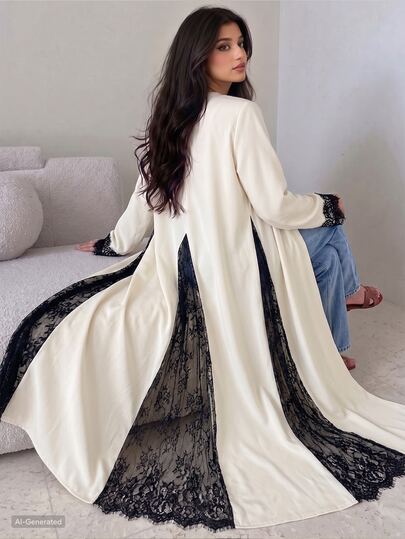 Yasmyna Elegant Lace Patchwork Black & White Contrast Long Open Front Abaya