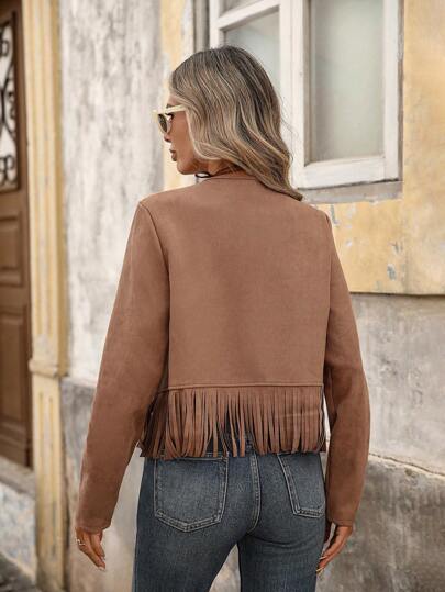 Women's Solid Color Fringe Trim Open Front Jacket In Fall/Winter - image 2