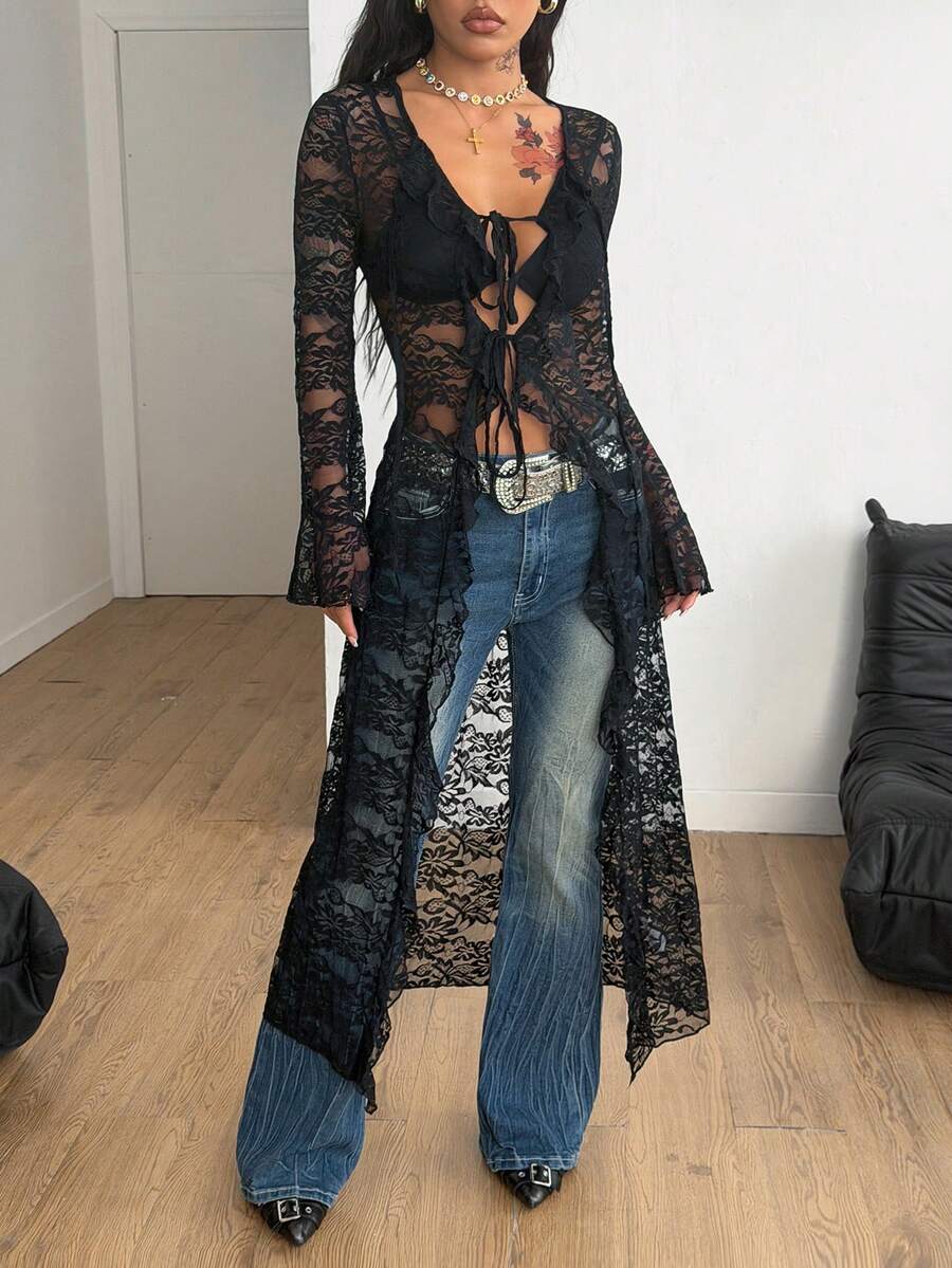 Women's Fall/All-Season Rave Renaissance Fair Hippie Music Festival Gyaru Lace Straps Ruffle Ribbon Long Coat /Cover Up - image 3
