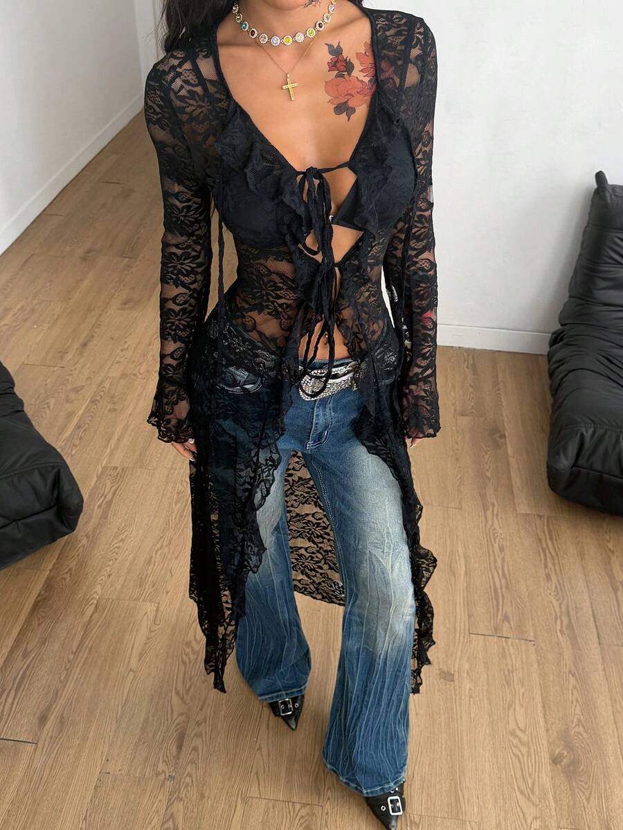 Women's Fall/All-Season Rave Renaissance Fair Hippie Music Festival Gyaru Lace Straps Ruffle Ribbon Long Coat /Cover Up - image 4