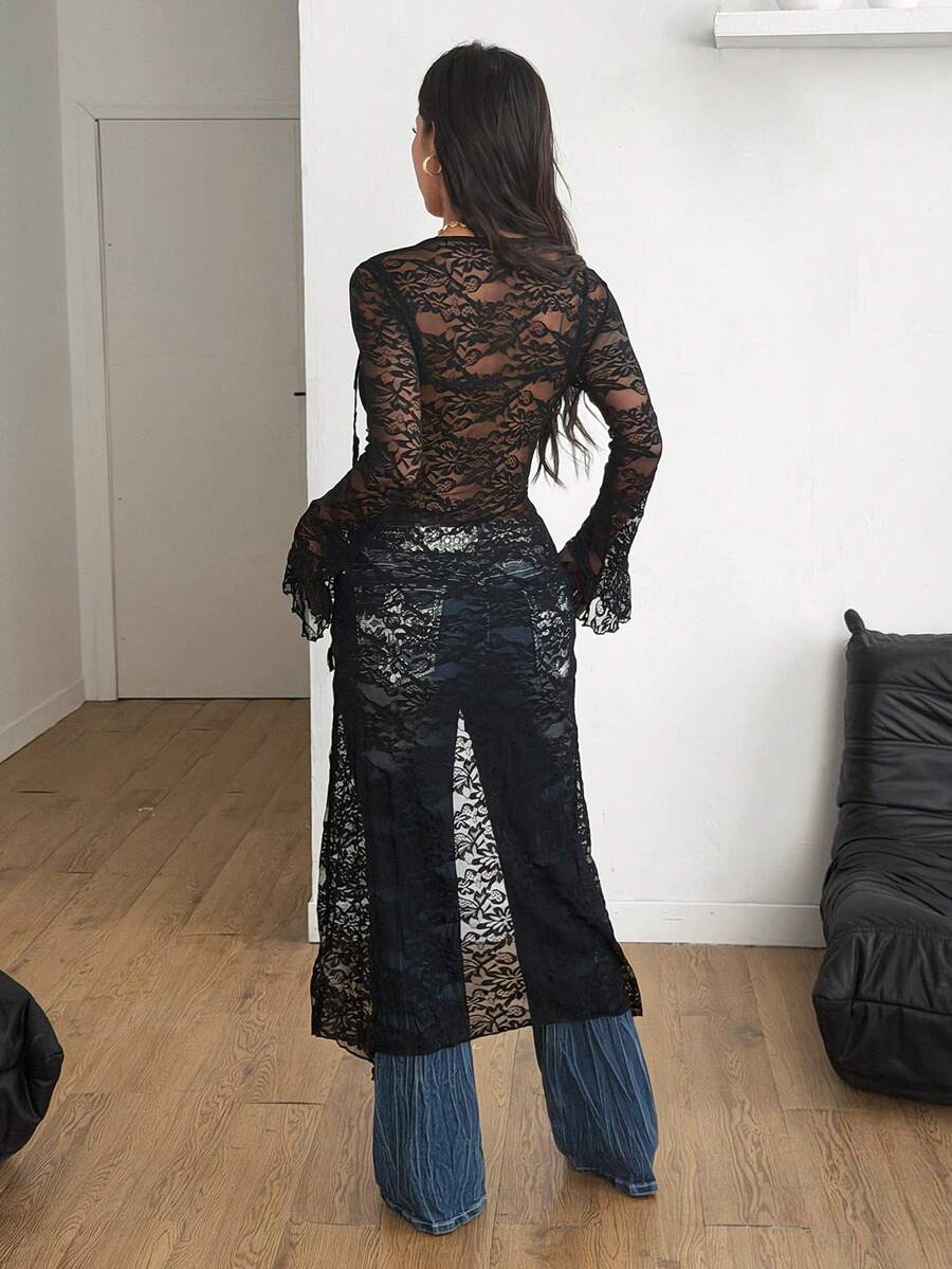 Women's Fall/All-Season Rave Renaissance Fair Hippie Music Festival Gyaru Lace Straps Ruffle Ribbon Long Coat /Cover Up - image 6