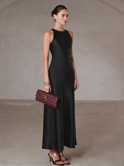 Aveloria Modichic Minimalist Elegant 3D Diagonal Cut Double-Sided Satin Faux Acetate Fabric A-Line Slimming Versatile Sleeveless Long Dress For Women - image 2