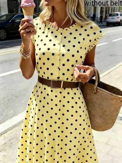 SHEIN PariChic Women's Casual Round Neck Loose Sleeveless Polka Dot Button Front Dress, Comfortable, Suitable For Summer, Vacation, Daily Wear, Beach