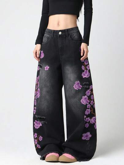 1pc Women's American Street Style Distressed Embroidered Wide Leg Jeans Loose Comfortable All Season Long Pants (This Product Does Not Include Belt/Accessories)