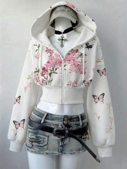 Women's Streetwear Lightweight Hooded Jacket, Y2K Floral Butterfly Print White Zip Up Cropped Hoodie