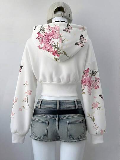 Women's Streetwear Lightweight Hooded Jacket, Y2K Floral Butterfly Print White Zip Up Cropped Hoodie - image 2