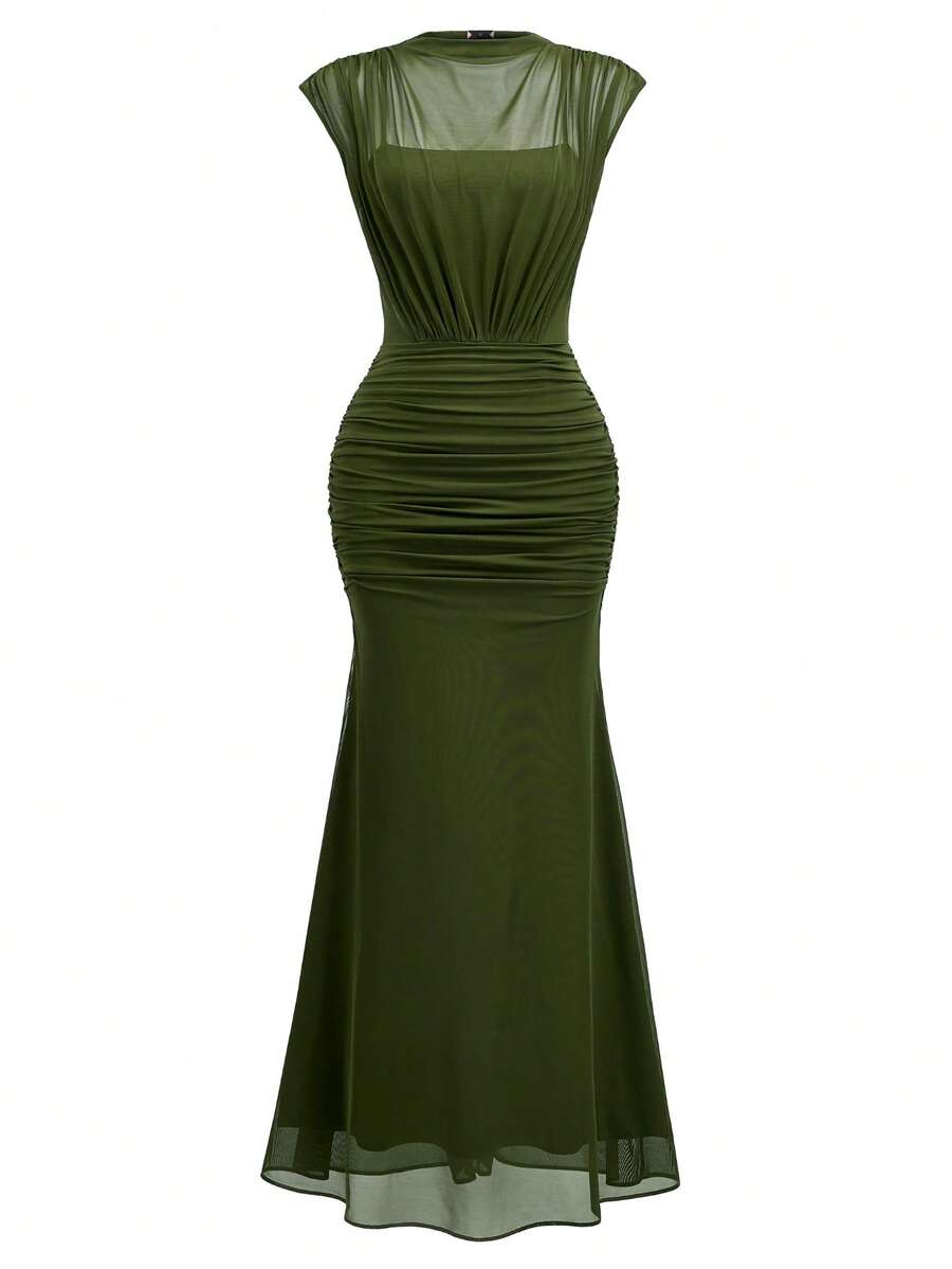 MIUSOL Elegant Women's Mesh Ruched Mermaid Maxi Dress, Mock Neck Cap Sleeve Bodycon Formal Evening Gown For Wedding Guest, Cocktail Party, Gala, Prom - image 9