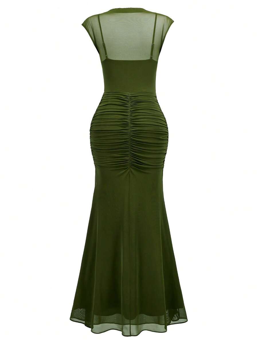 MIUSOL Elegant Women's Mesh Ruched Mermaid Maxi Dress, Mock Neck Cap Sleeve Bodycon Formal Evening Gown For Wedding Guest, Cocktail Party, Gala, Prom - image 10