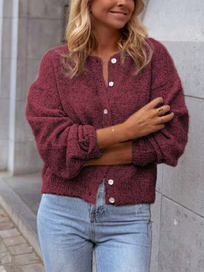 Sylvia Women's Autumn/Winter Solid Color Minimalist Basic Button-Up Round Neck Slimming Loose Knit Cardigan, Gentle Daily Commute - image 2