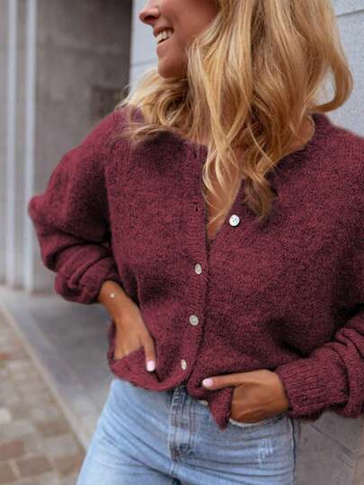 Sylvia Women's Autumn/Winter Solid Color Minimalist Basic Button-Up Round Neck Slimming Loose Knit Cardigan, Gentle Daily Commute