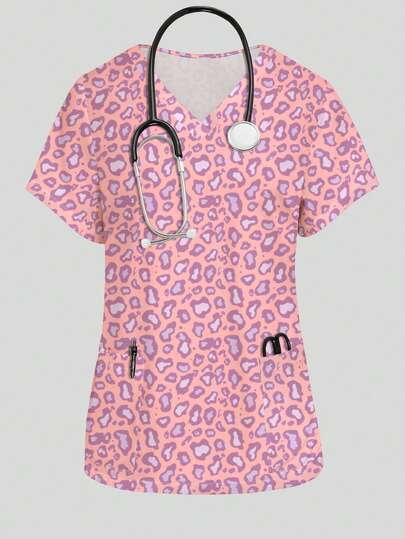 PopScrub Purple Leopard Print Women's Nurse Scrub Top, Spring/Summer Fashion V-Neck Short Sleeve With Double Pockets And Side Slits, Cute Surgical Scrub Top, Uniform Top