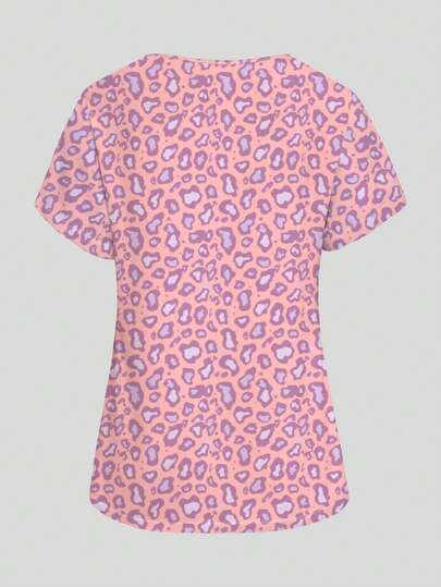PopScrub Purple Leopard Print Women's Nurse Scrub Top, Spring/Summer Fashion V-Neck Short Sleeve With Double Pockets And Side Slits, Cute Surgical Scrub Top, Uniform Top - image 2