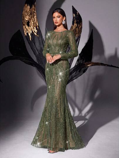 LUVISTRUE Women's Elegant Sequin & Beaded Formal Evening Gown, Spring Long Sleeve Mermaid Ball Gown, Wedding Guest Cocktail Party Dinner Graduation Ceremony Maxi Dress