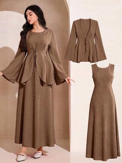 Graceveil Solid Color Fashion Tie Waist Asymmetrical Top & Sleeveless Flared Dress Women Elegant 2-Piece Set