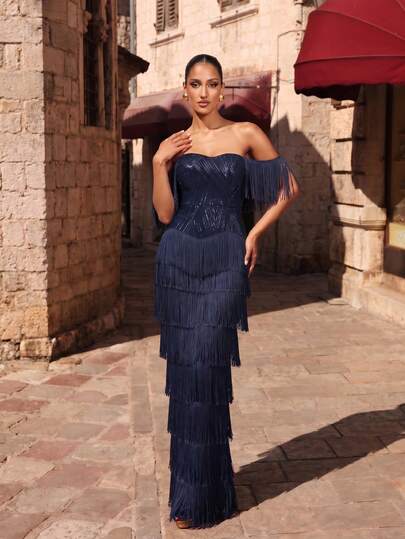 LOVE&LEMONADE Navy Blue Off-Shoulder Sequin Tassel Long Evening Gown - image 2