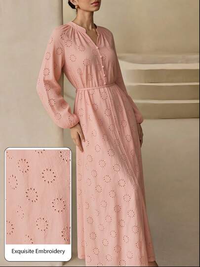 Graceveil Women's Eyelet Embroidery Casual Modest Elegant Loose Fit Long Dress Morning Office Red Spring