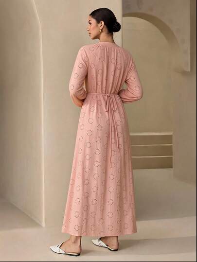 Graceveil Women's Eyelet Embroidery Casual Modest Elegant Loose Fit Long Dress Morning Office Red Spring - image 2