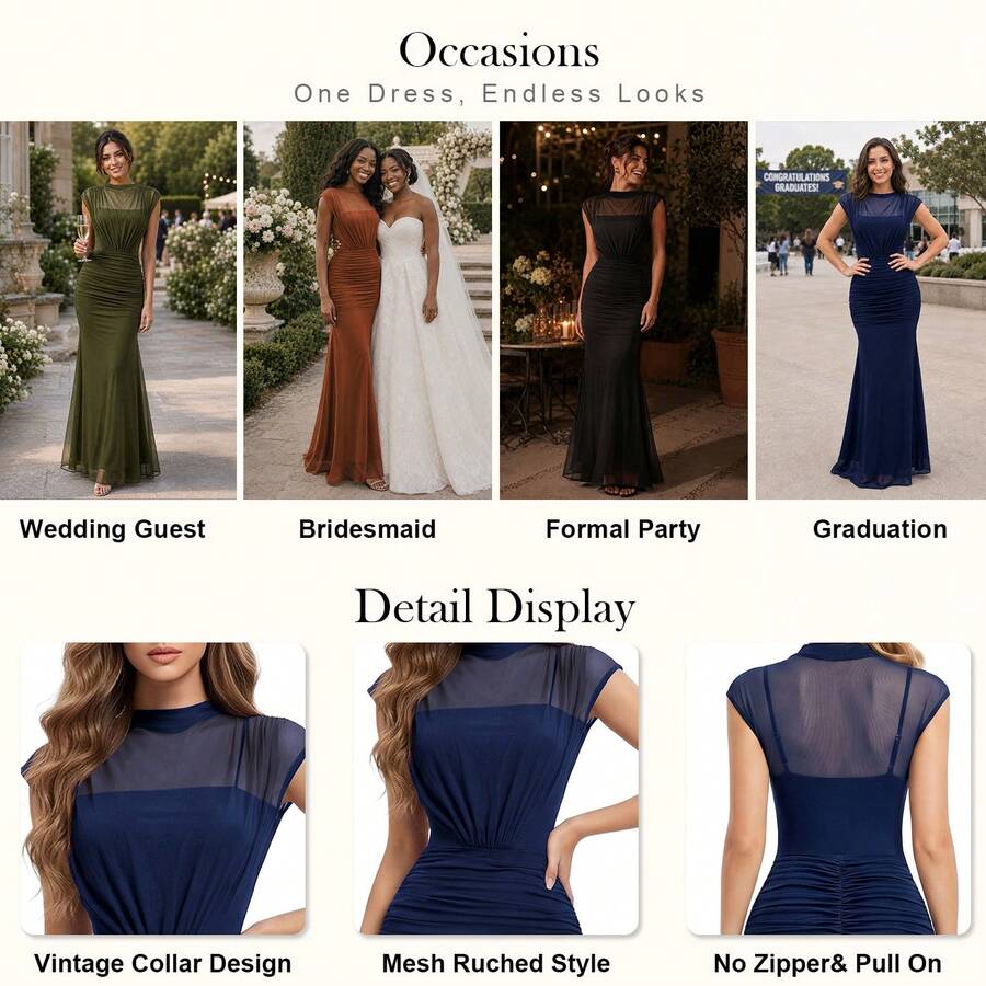 MIUSOL Elegant Women's Mesh Ruched Mermaid Maxi Dress, Mock Neck Cap Sleeve Bodycon Formal Evening Gown For Wedding Guest, Cocktail Party, Gala, Prom - image 7
