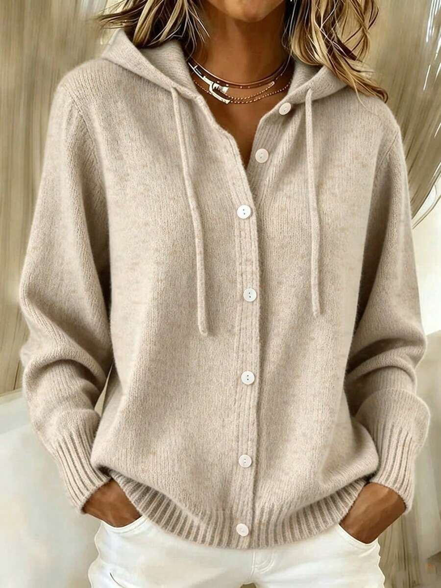 SHEIN Women Drawstring Hooded Knit Cardigan, Autumn Button Front Casual Sweater